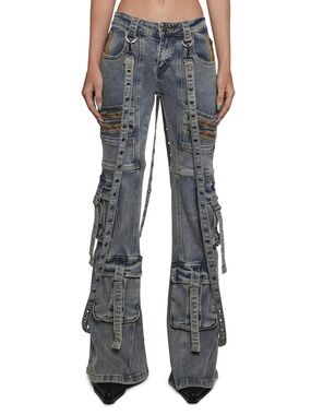 BNWT Dolls Kill Distressed Light Wash Utility Aurora Cargo Flare Jeans